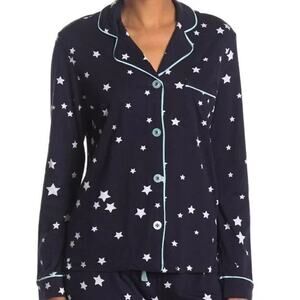 Cozy Zoe Star Print Button Front Long Sleeve Pajama PJ Top Navy Blue size S NWOT